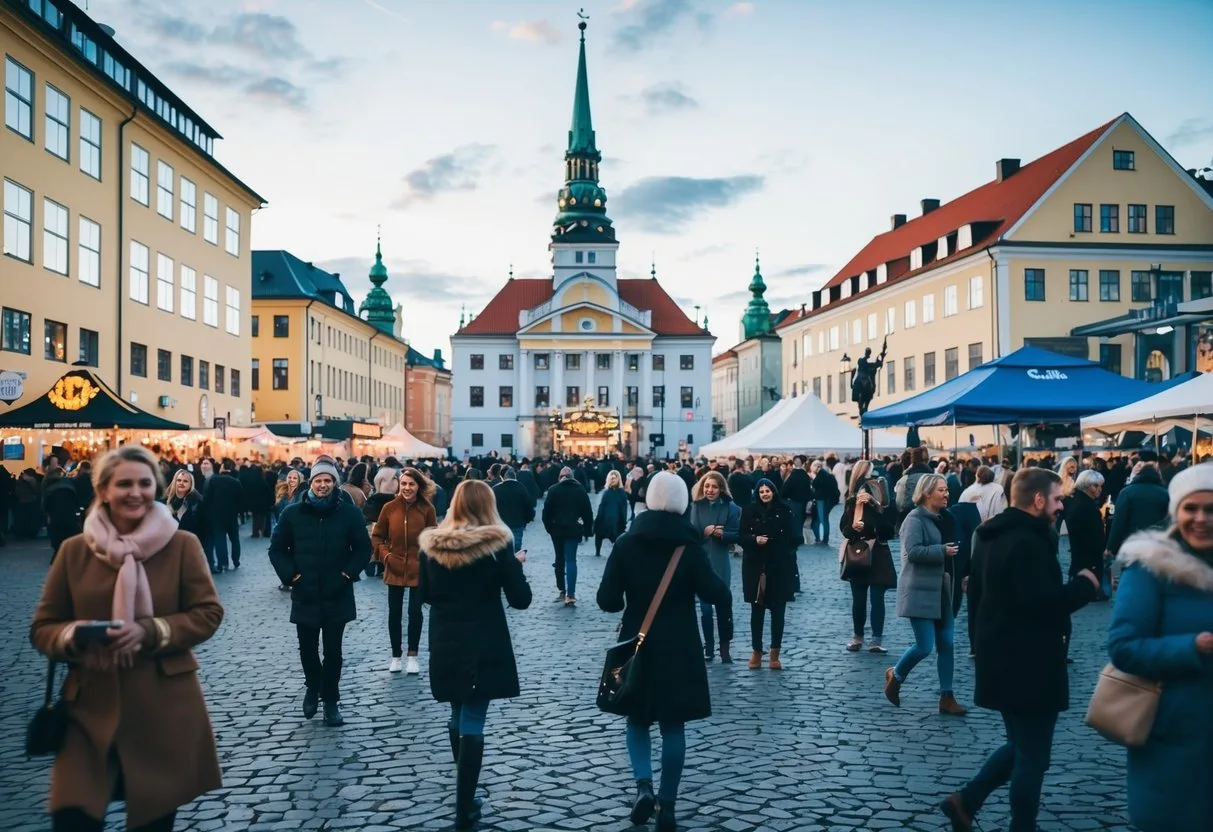 Experience spændende aktiviteter i Göteborg på din næste tur En illustration af en travl byplads med mennesker der nyder udendørs arrangementer og underholdning
